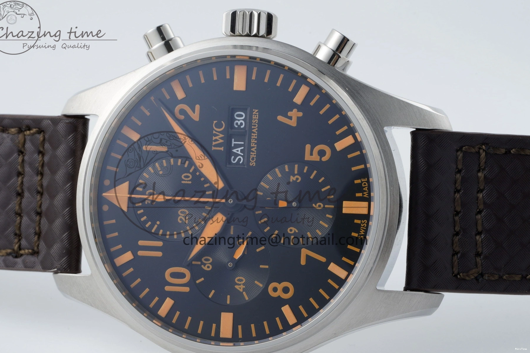 MIROTIME 0509 Pilot Chrono SS AZF 1:1 Best Edition Black Dial Orange Markers on Brown Leather Strap A EasyCare 7065